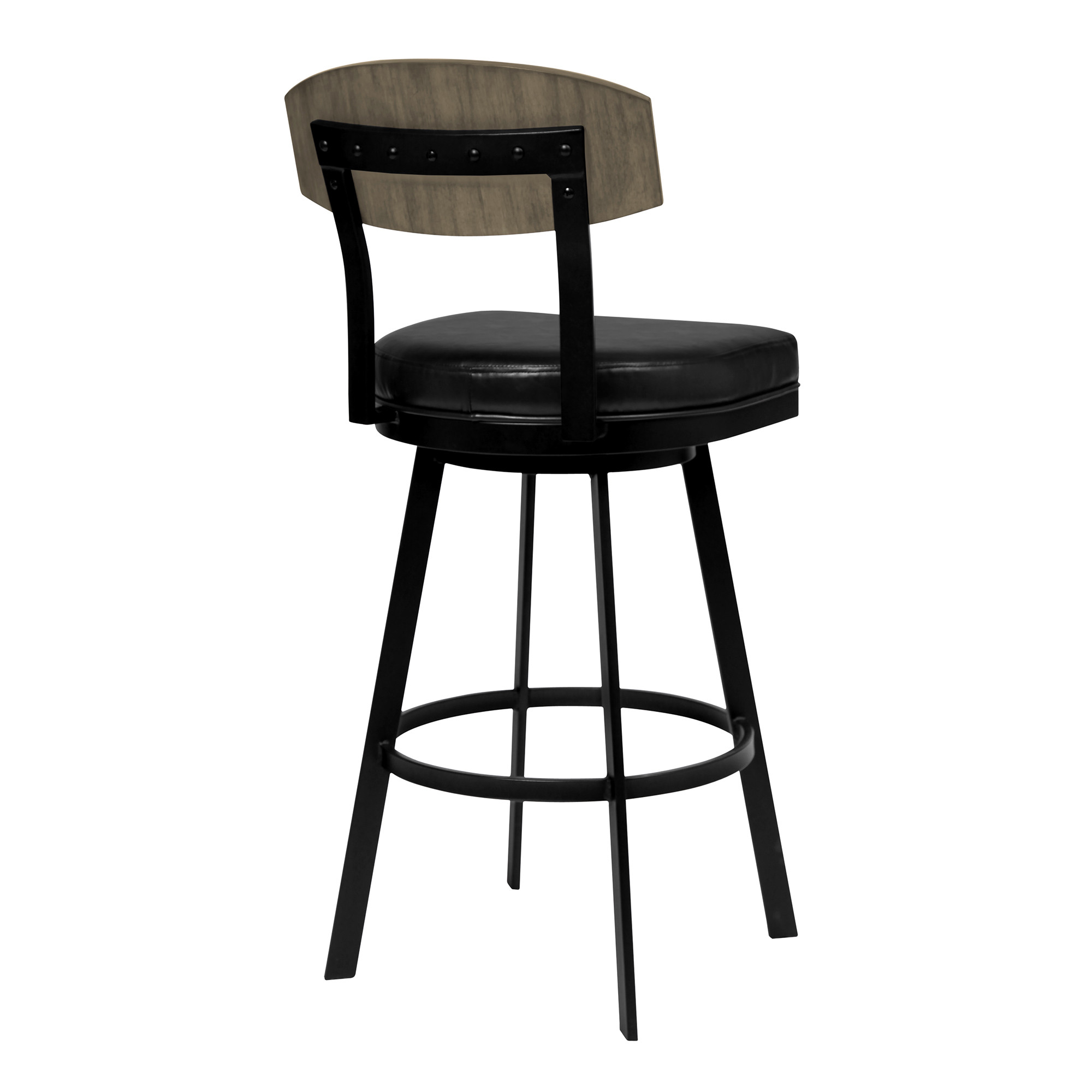 26" Black Faux Leather Swivel Bar Stool With Walnut Back 3 26" Black Faux Leather Swivel Bar Stool With Walnut Back - Image 3