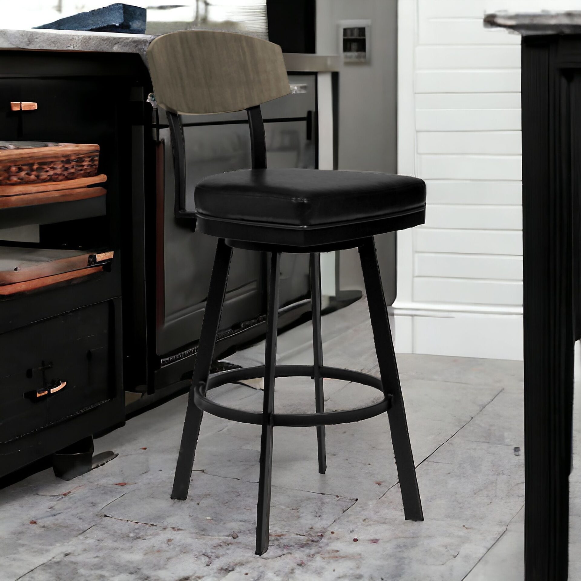 26" Black Faux Leather Swivel Bar Stool With Walnut Back 2 26" Black Faux Leather Swivel Bar Stool With Walnut Back - Image 2