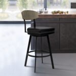 30 Inch Black Faux Leather Swivel Bar Stool with Walnut