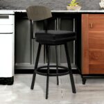 30 Inch Black Faux Leather Swivel Bar Stool with Walnut