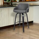 26 Inch Gray Swivel Faux Leather Black Wooden Bar Stool