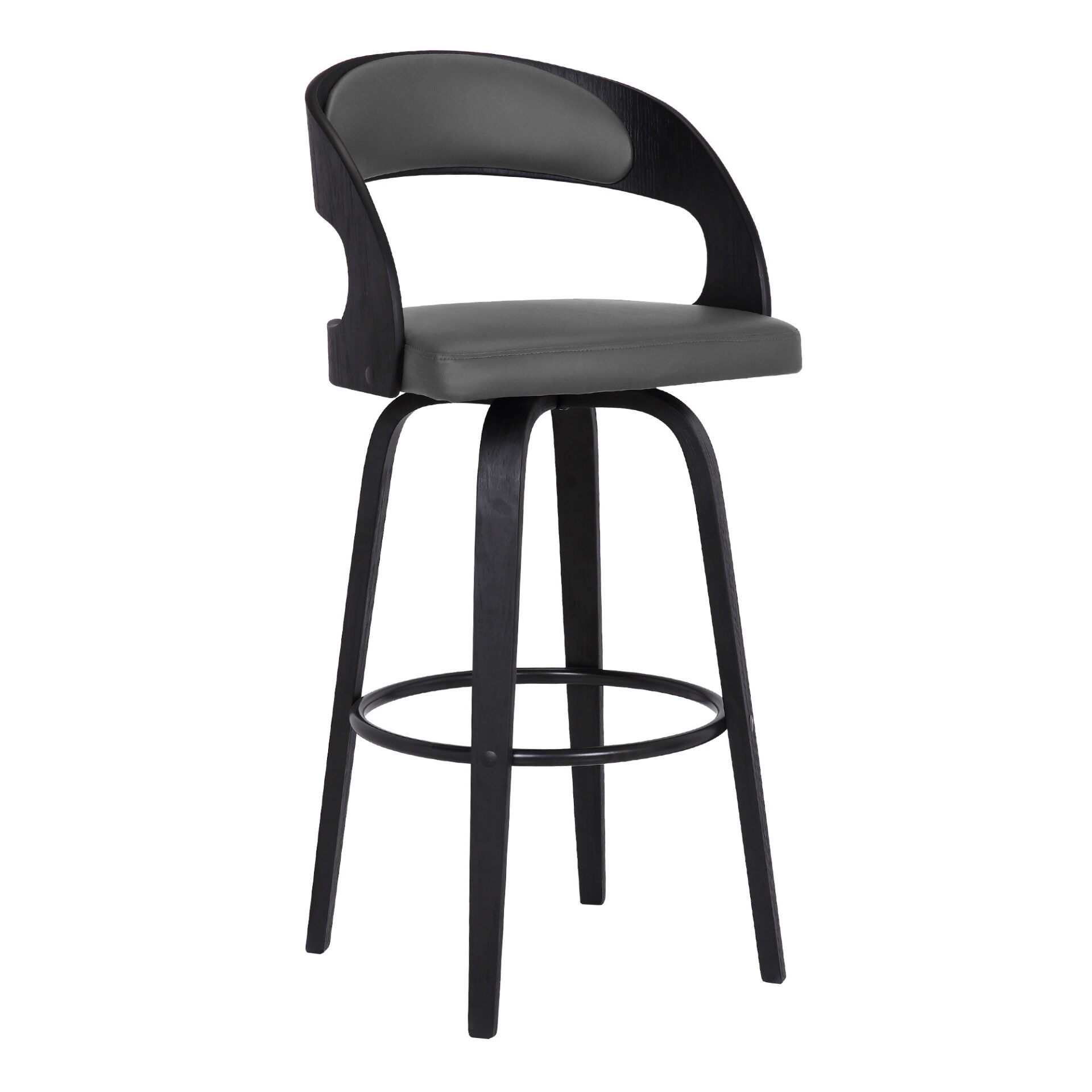 30" Gray Faux Leather and Black Wood Swivel Bar Stool 1 30" Gray Faux Leather and Black Wood Swivel Bar Stool