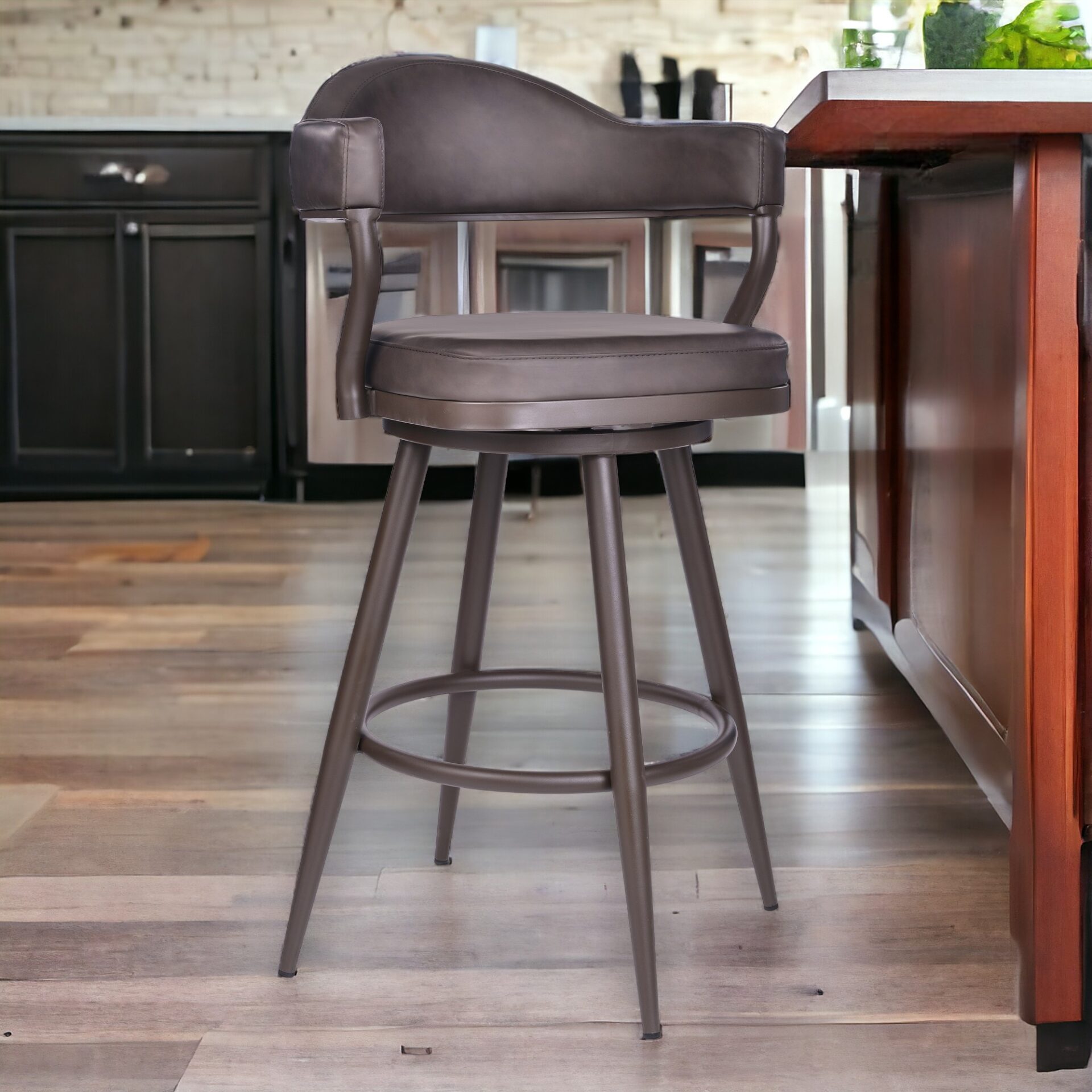 26 Inch Brown Swivel Faux Leather and Iron Bar Stool 2 26 Inch Brown Swivel Faux Leather and Iron Bar Stool - Image 2