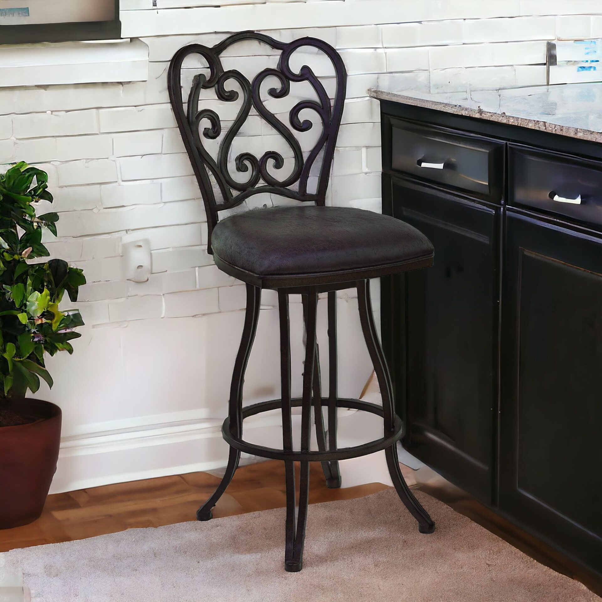 30 Inch Espresso Swivel Bar Stool With Scroll Back Design 3 30 Inch Espresso Swivel Bar Stool With Scroll Back Design - Image 3