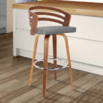 26 Inch Gray Faux Leather Swivel Bar Stool With Walnut Base