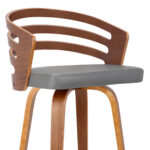 26 Inch Gray Faux Leather Swivel Bar Stool With Walnut Base