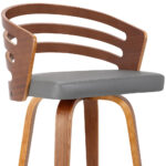 26 Inch Gray Faux Leather Swivel Bar Stool With Walnut Base