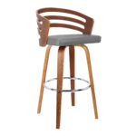 26 Inch Gray Faux Leather Swivel Bar Stool With Walnut Base