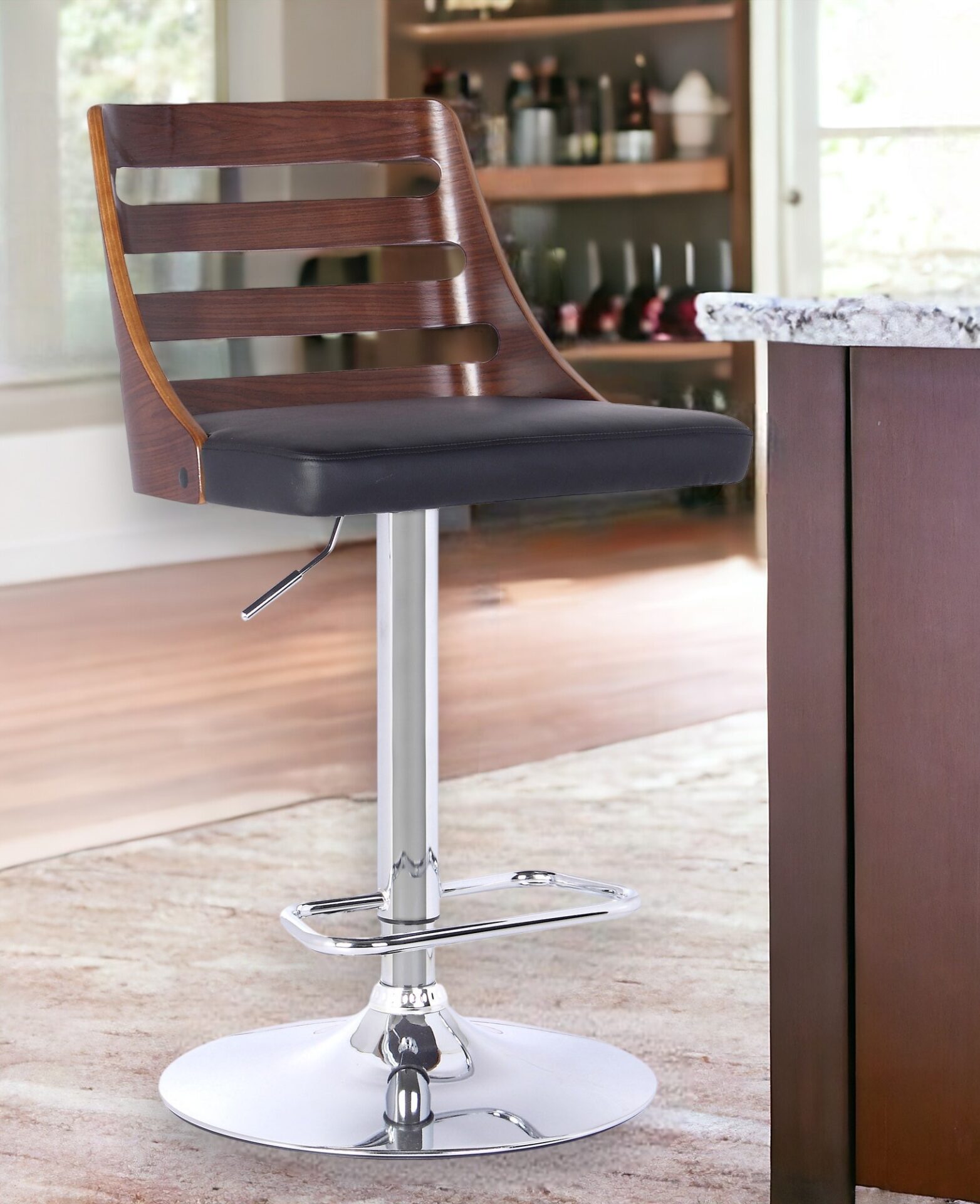 43 Inch Adjustable Black Faux Leather and Chrome Bar Stool 2 43 Inch Adjustable Black Faux Leather and Chrome Bar Stool - Image 2