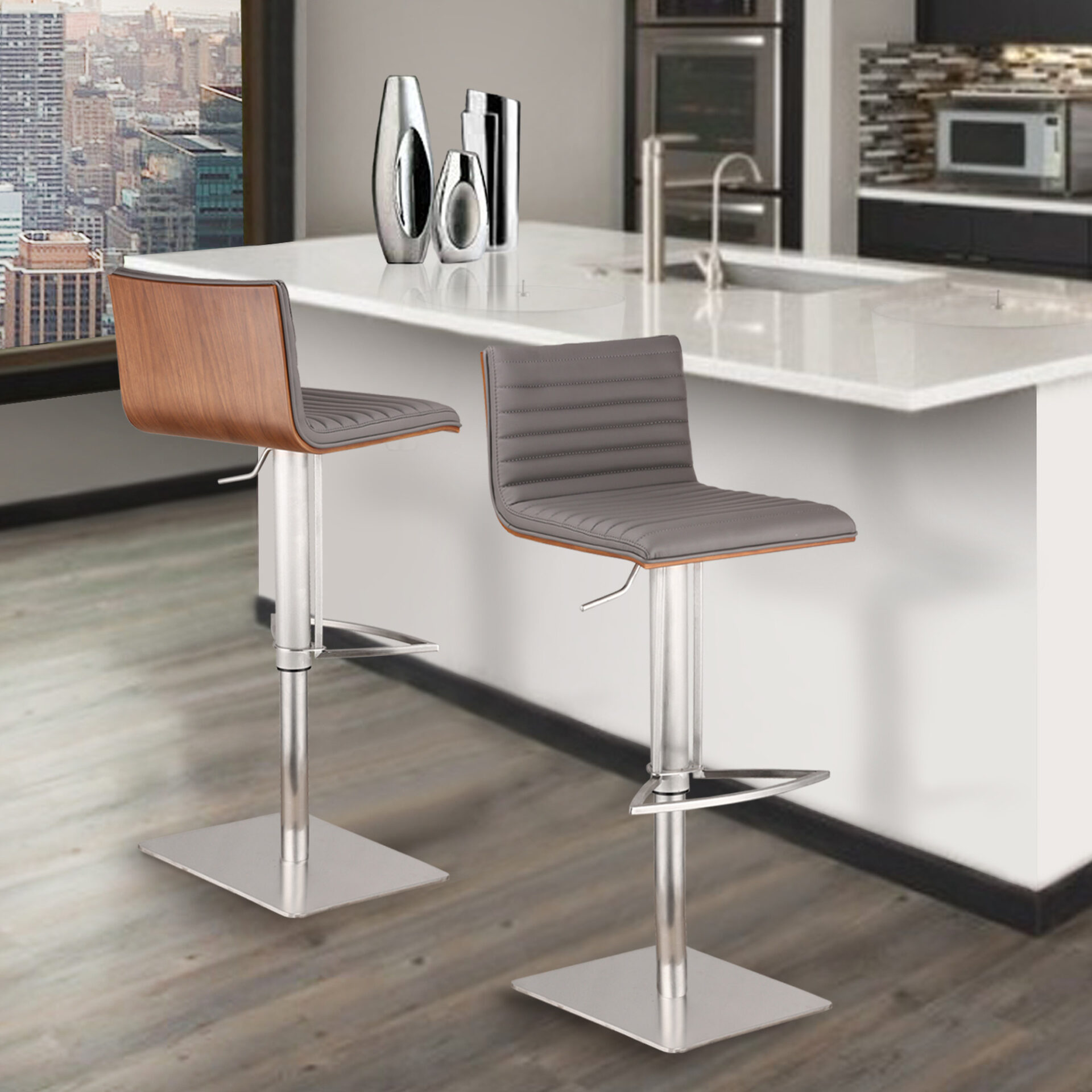 22” Adjustable Gray Faux Leather Swivel Modern Bar Stool 7 22” Adjustable Gray Faux Leather Swivel Modern Bar Stool - Image 7