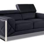 Italian Black and Silver Leather Loveseat with Metal Legs