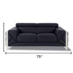 Italian Black and Silver Leather Loveseat with Metal Legs