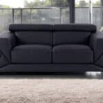 Italian Black and Silver Leather Loveseat with Metal Legs