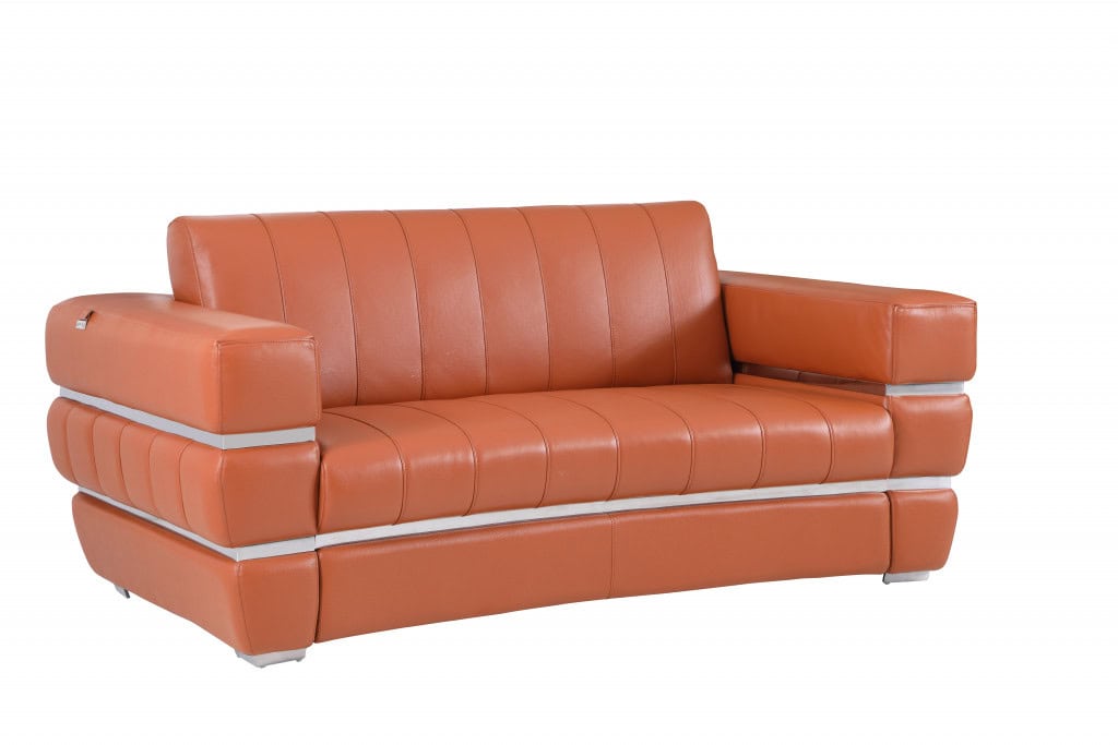 Italian Camel and Silver Leather Loveseat with Square Arms 75-Inch 3 Italian Camel and Silver Leather Loveseat with Square Arms 75-Inch - Image 3