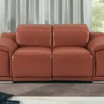 Italian Leather Camel Power Reclining Loveseat with Silver Legs
