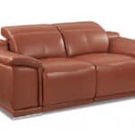 Italian Leather Camel Power Reclining Loveseat with Silver Legs