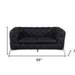 Black Italian Leather Loveseat with Tuxedo Arms and Chrome Legs