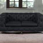 Black Italian Leather Loveseat with Tuxedo Arms and Chrome Legs