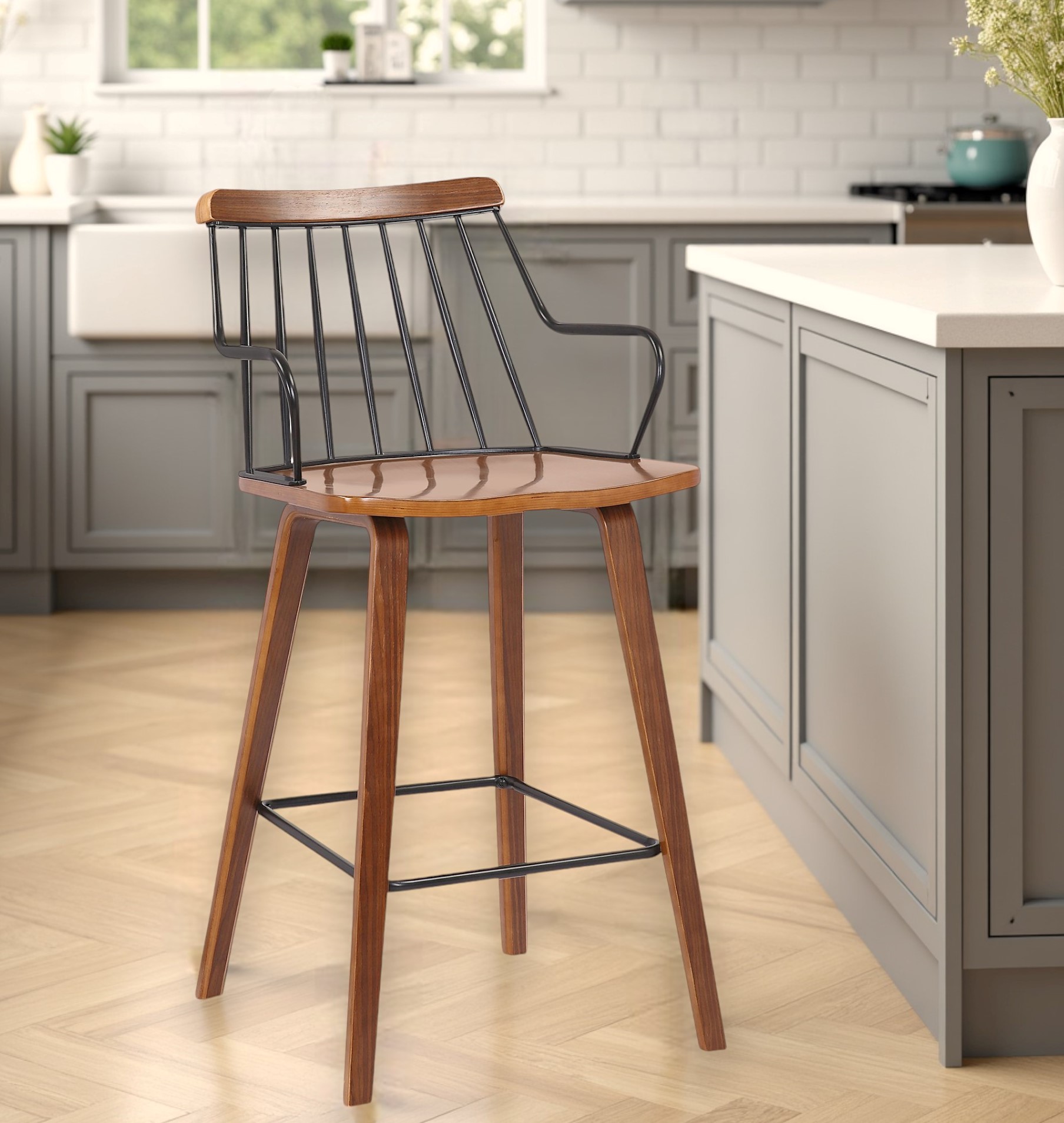 26-Inch Brown Wood and Iron Counter Height Bar Stool 1 26-Inch Brown Wood and Iron Counter Height Bar Stool