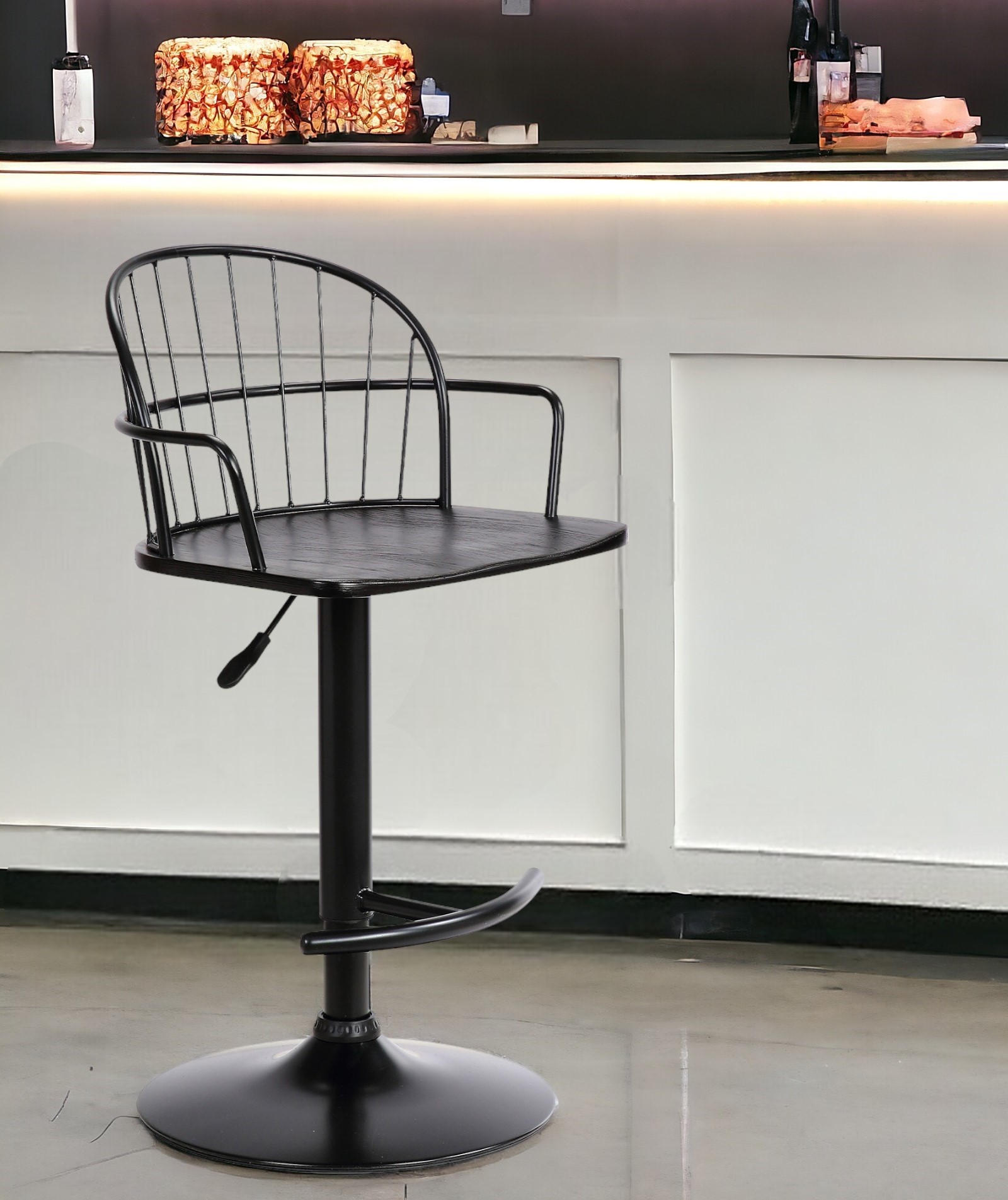 23 Inch Adjustable Black Wood and Metal Bar Stool 2 23 Inch Adjustable Black Wood and Metal Bar Stool - Image 2