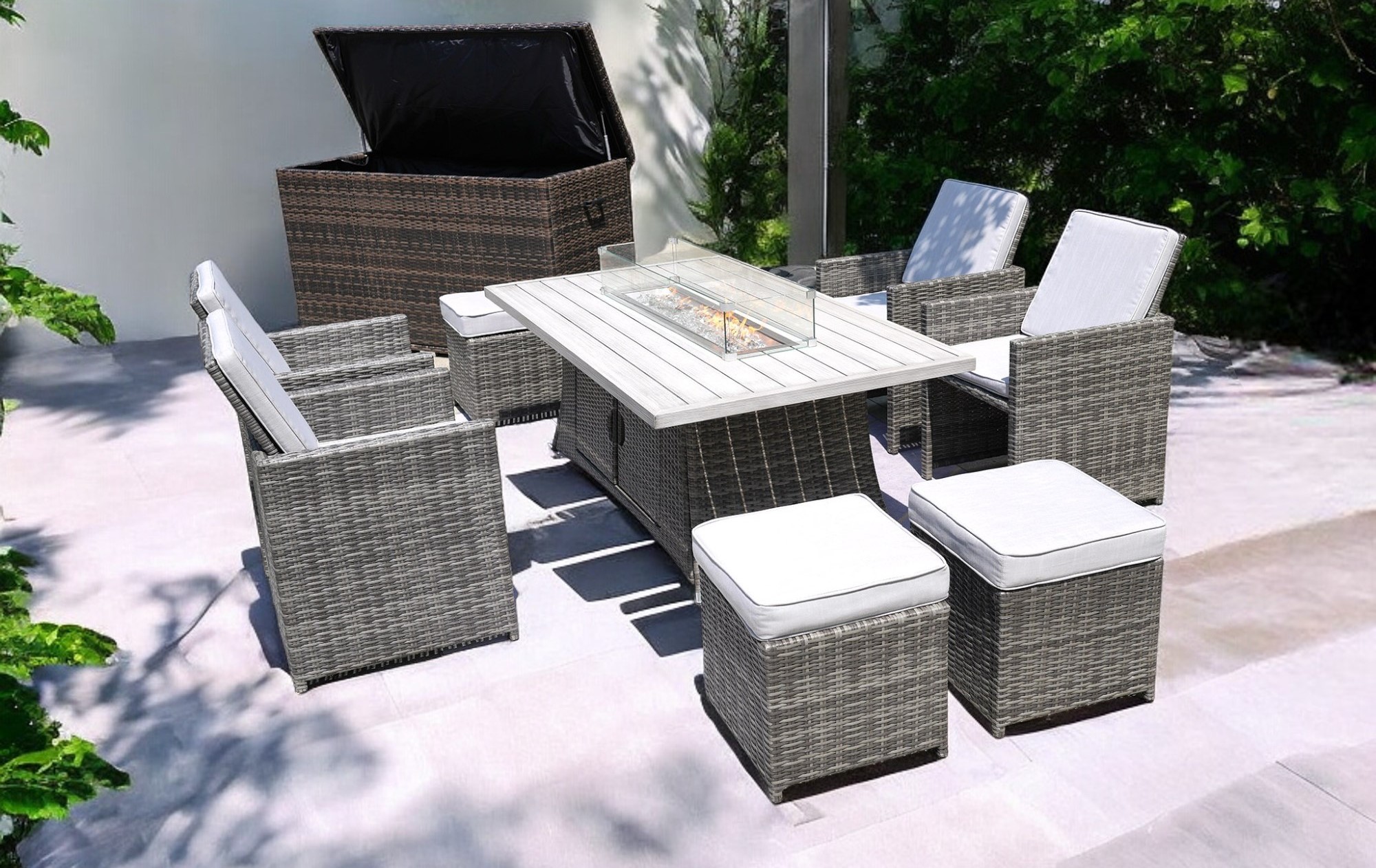 Ten Piece Gray Wicker Outdoor Seating Group with Fire Pit 8 Ten Piece Gray Wicker Outdoor Seating Group with Fire Pit