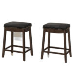 25 Inch Black Faux Leather Backless Bar Stools Espresso Wood (Set of 2)