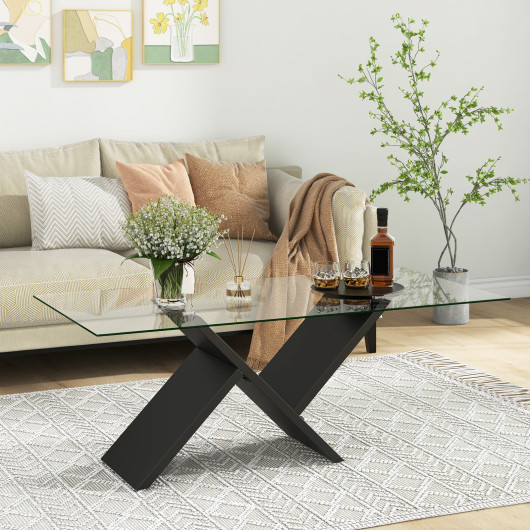 Modern Glass Coffee Table with Tempered Top and Rubber Wood Frame - Image 2