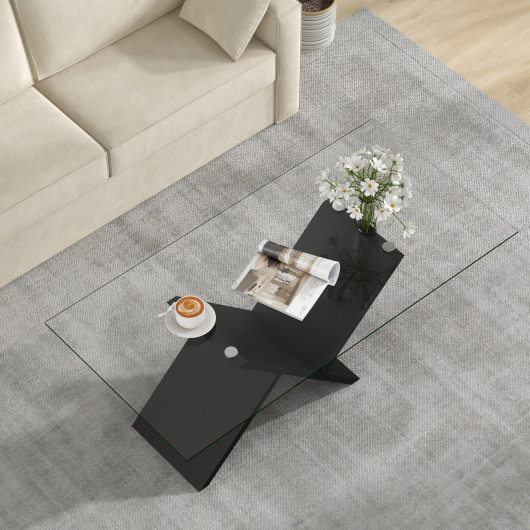 Modern Glass Coffee Table with Tempered Top and Rubber Wood Frame - Image 6