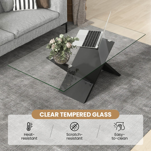Modern Glass Coffee Table with Tempered Top and Rubber Wood Frame - Image 7