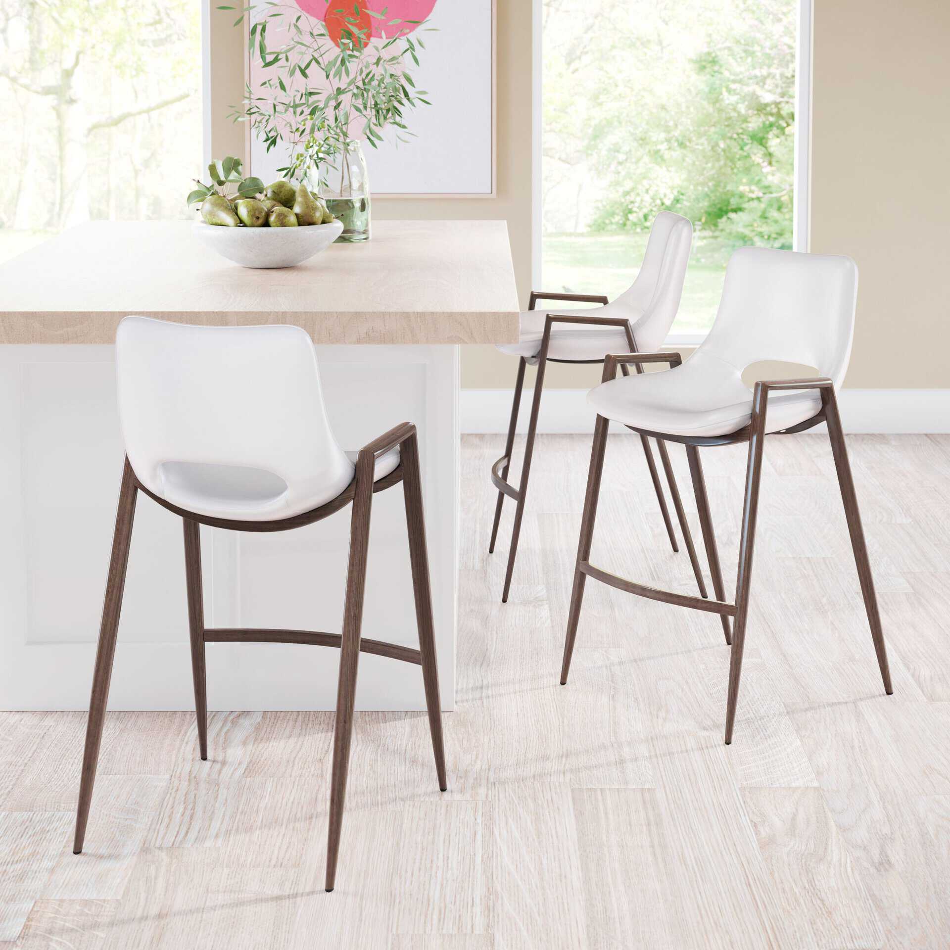 White Walnut Faux Leather Mid-Century Modern Counter Stool (Set of 2)