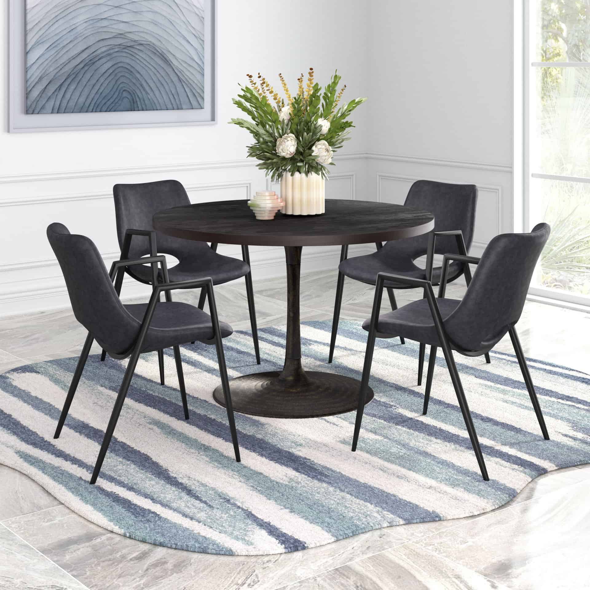 Black Faux Leather Dining Chair with Steel Frame and Armrests (Set of 2)