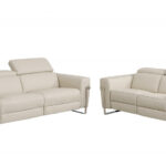 Indoor Beige Italian Leather Reclining Sofa and Loveseat, Set of 2