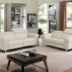 Indoor Beige Italian Leather Reclining Sofa and Loveseat, Set of 2