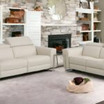Beige Italian Leather Reclining Sofa and Loveseat Set for 5