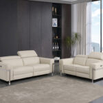 Beige Italian Leather Reclining Sofa and Loveseat Set for 5