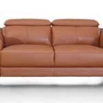 Brown Leather Adjustable Headrest Modern Loveseat with Steel Legs