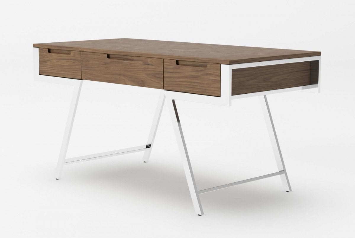 Walnut and Chrome Rectangular Writing Desk With Three Drawers 1 Walnut and Chrome Rectangular Writing Desk With Three Drawers