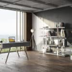 Gray Rectangular Writing Desk With Drawers and Stainless Steel Legs 12 Gray Rectangular Writing Desk With Drawers and Stainless Steel Legs