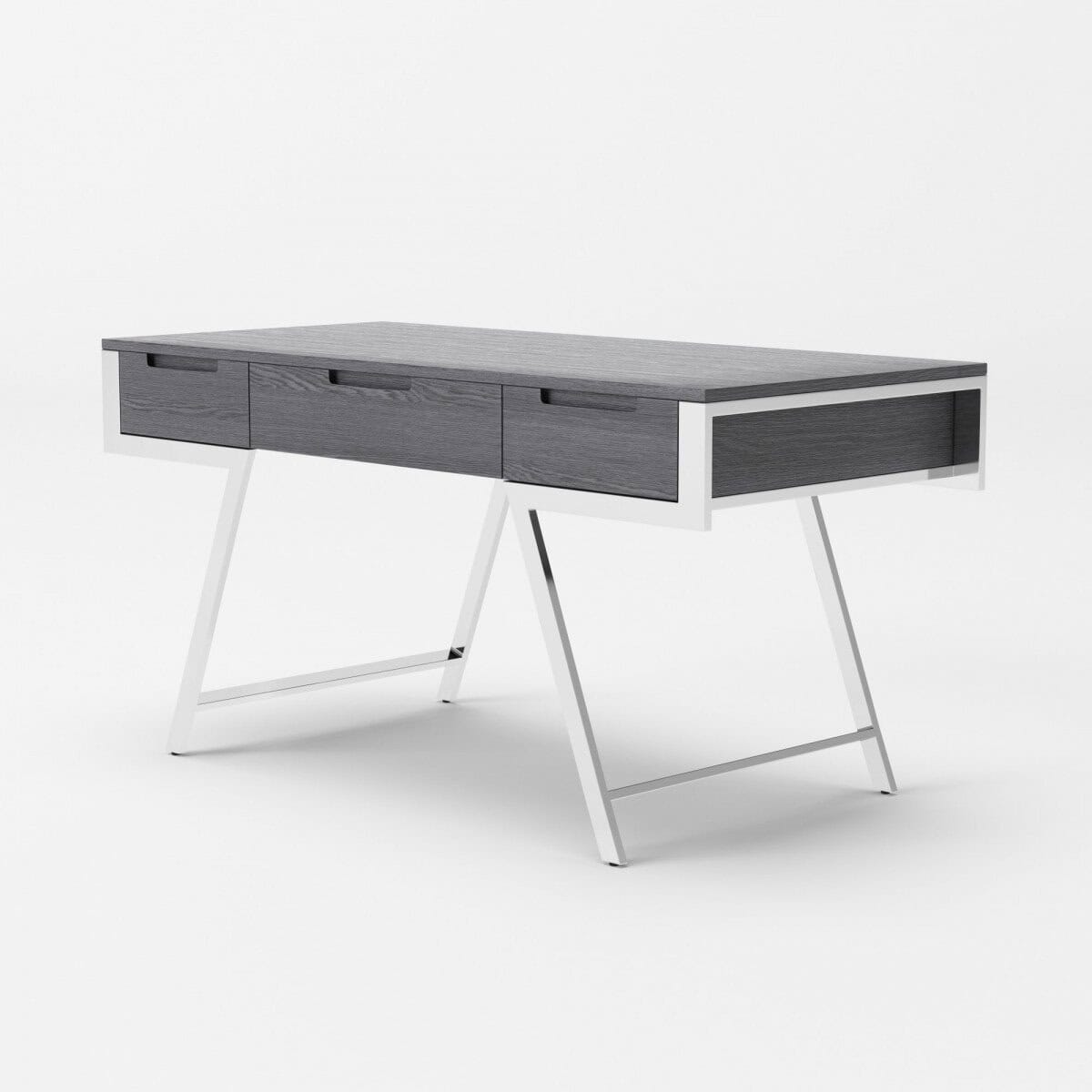 Gray Rectangular Writing Desk With Drawers and Stainless Steel Legs 2 Gray Rectangular Writing Desk With Drawers and Stainless Steel Legs - Image 2