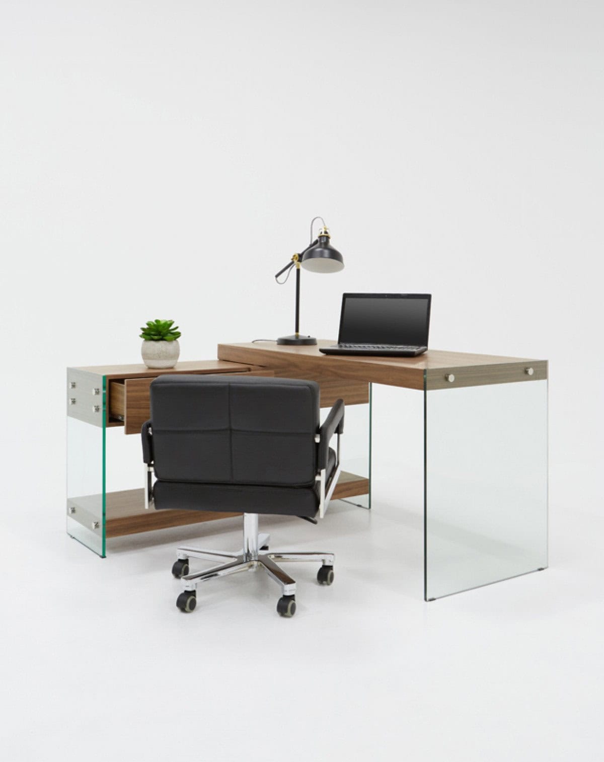 Walnut and Glass L Shaped Writing Desk With Storage 5 Walnut and Glass L Shaped Writing Desk With Storage - Image 5