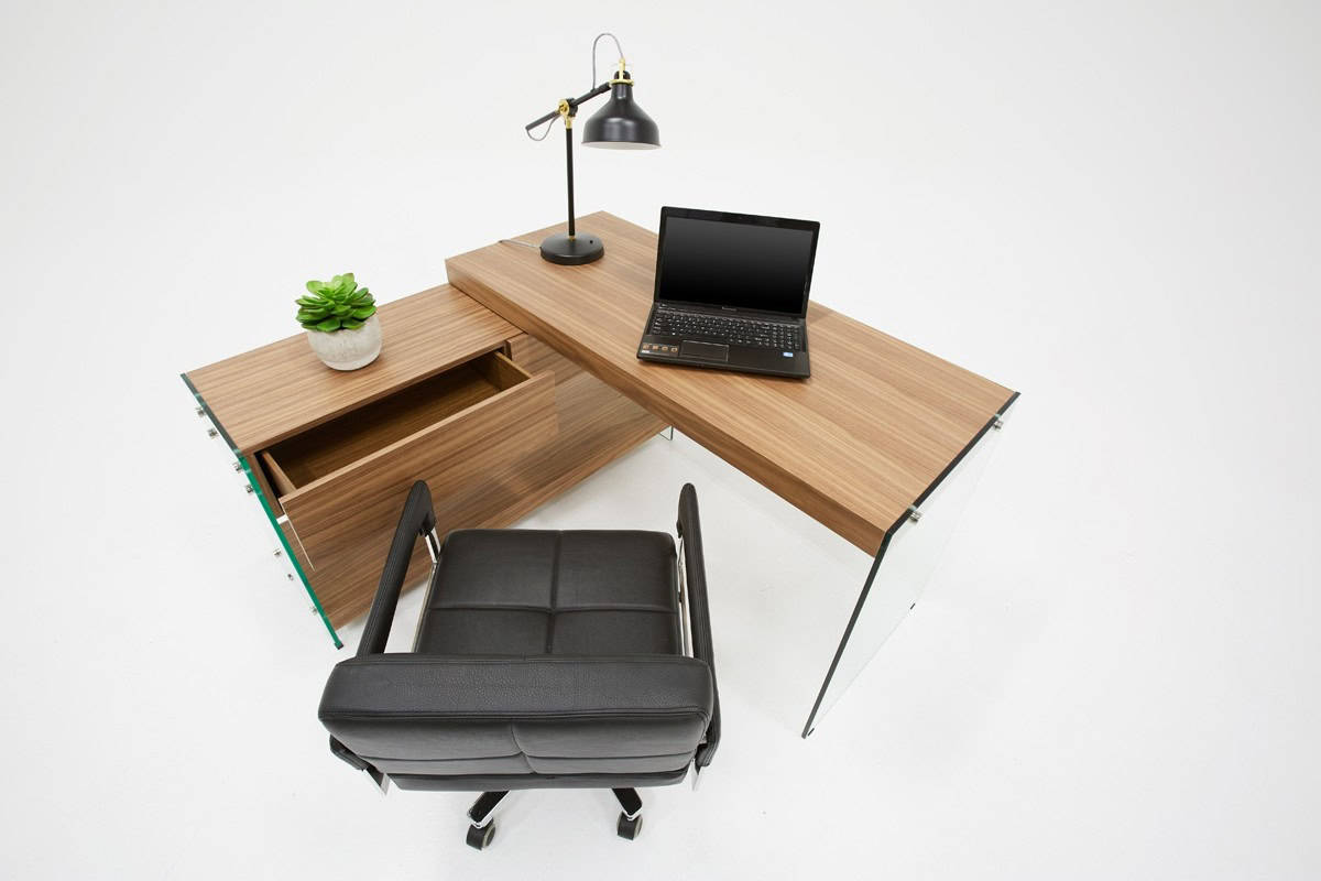 Walnut and Glass L Shaped Writing Desk With Storage 6 Walnut and Glass L Shaped Writing Desk With Storage - Image 6