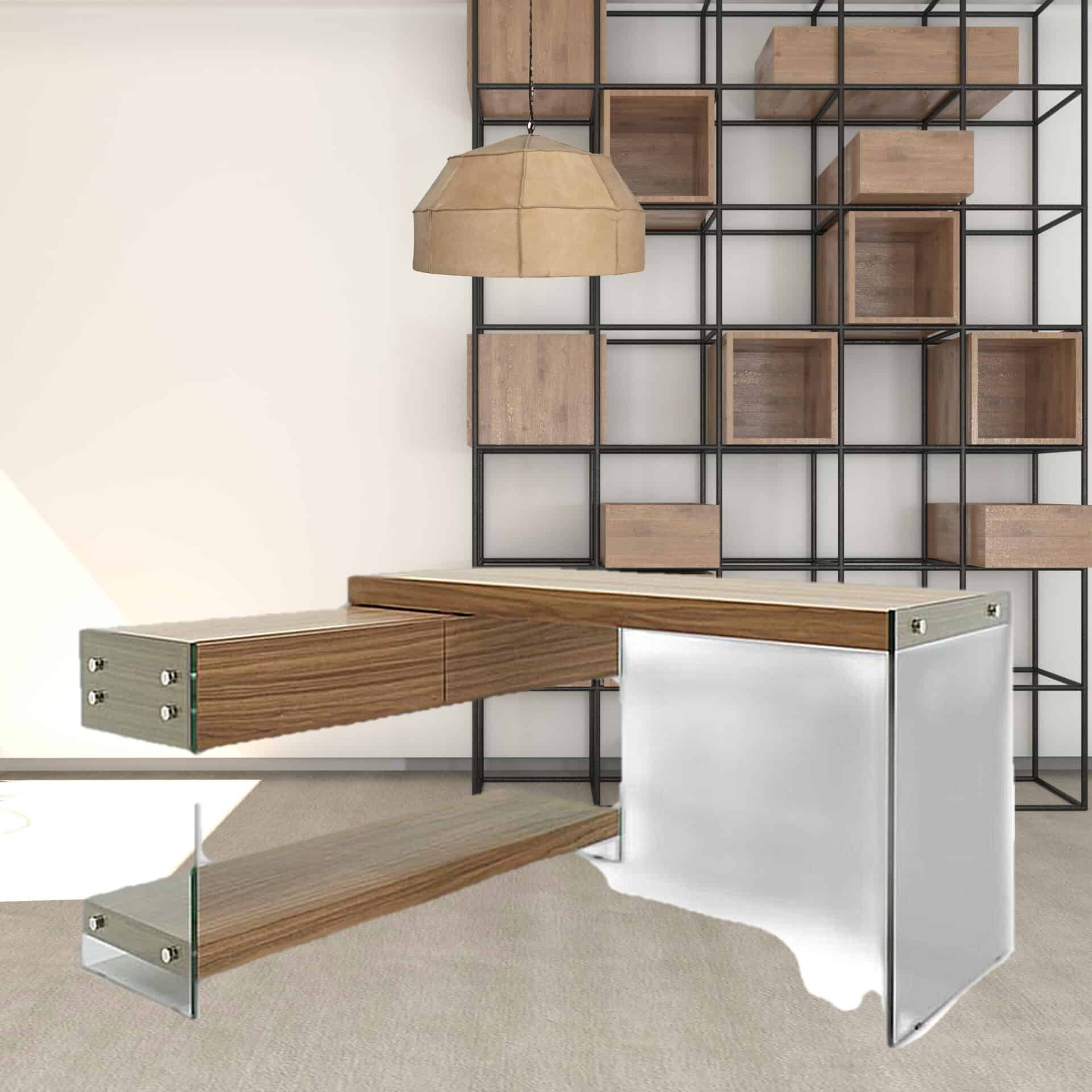 Walnut and Glass L Shaped Writing Desk With Storage 3 Walnut and Glass L Shaped Writing Desk With Storage - Image 3