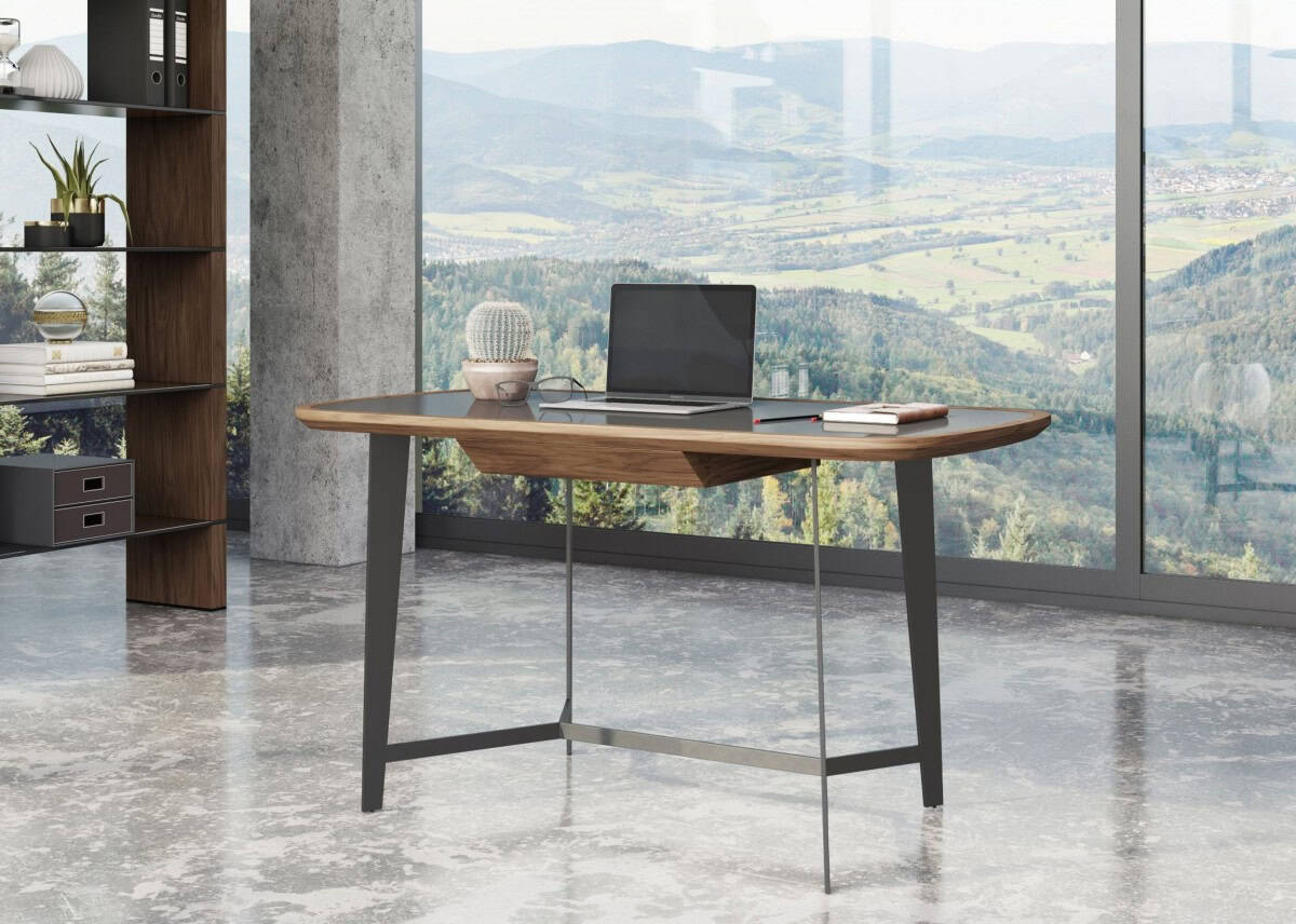 Walnut and Black Glass Rectangular Writing Desk 55 Inch 6 Walnut and Black Glass Rectangular Writing Desk 55 Inch - Image 6