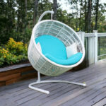 49" White Metal Swing Chair with Aqua Cushion, Indoor Outdoor