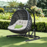 69" Beige and Black Aluminum Armless Indoor Outdoor Swing Chair