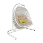 69" Beige and White Metal Swing Chair with Beige Cushion