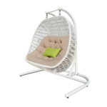 69" Beige and White Metal Swing Chair with Beige Cushion