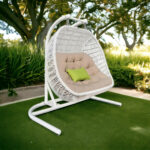 69" Beige and White Metal Swing Chair with Beige Cushion