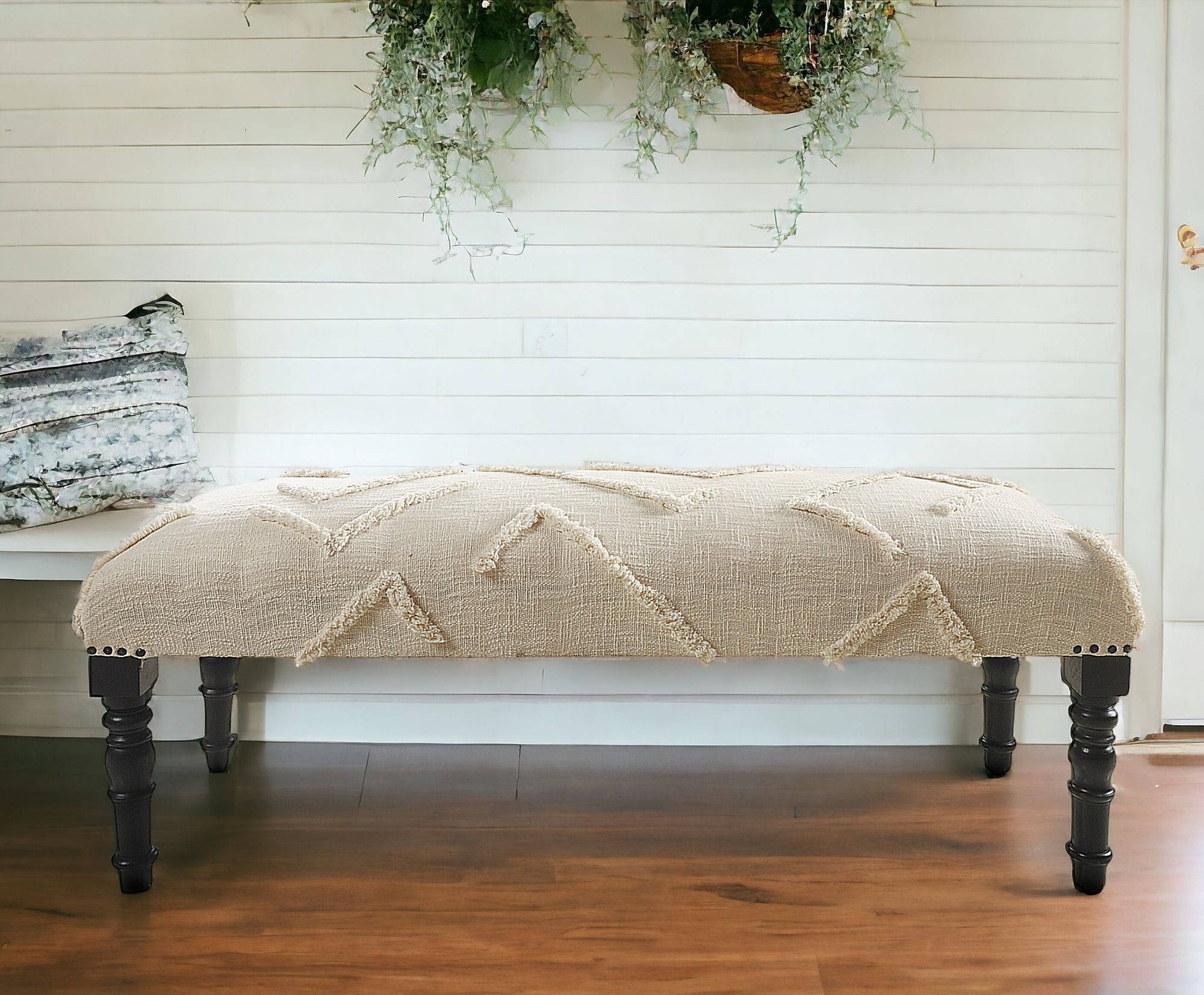 47" Cream Bohemian Upholstered Bench with Abstract Design 11 47" Cream Bohemian Upholstered Bench with Abstract Design