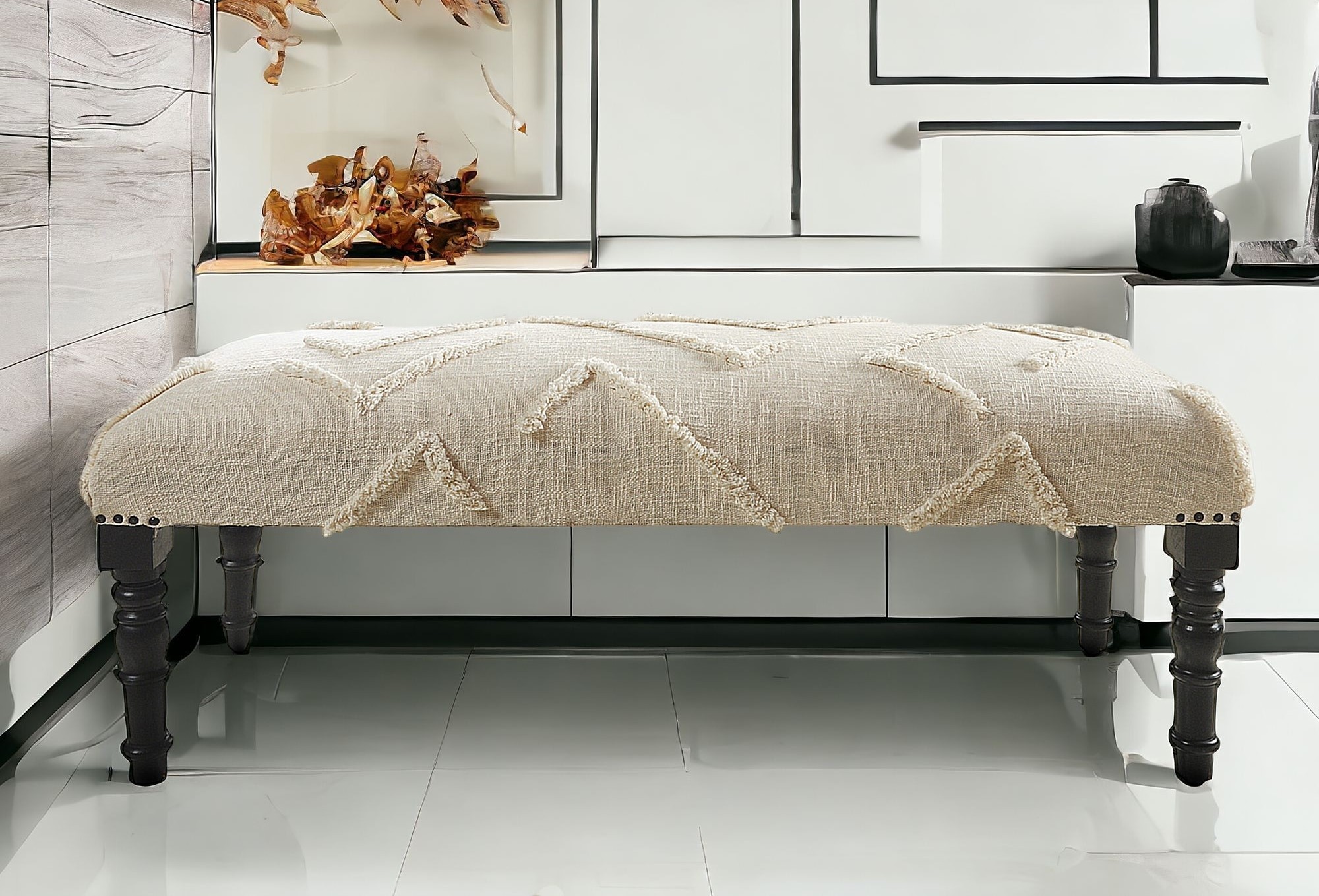 47" Cream Bohemian Upholstered Bench with Abstract Design 16 47" Cream Bohemian Upholstered Bench with Abstract Design